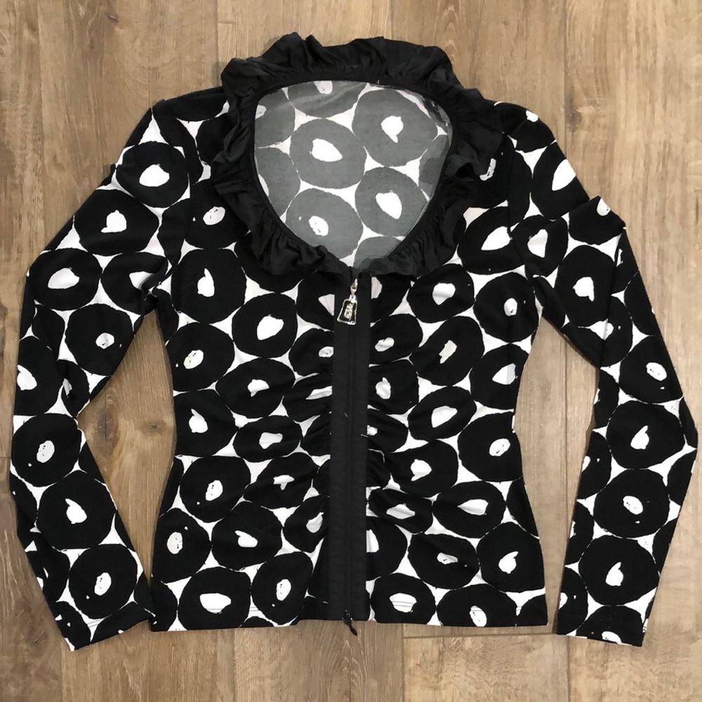 Black and White Ruffle Neckline Zip Jacket w/ Enamel Zipper Pull